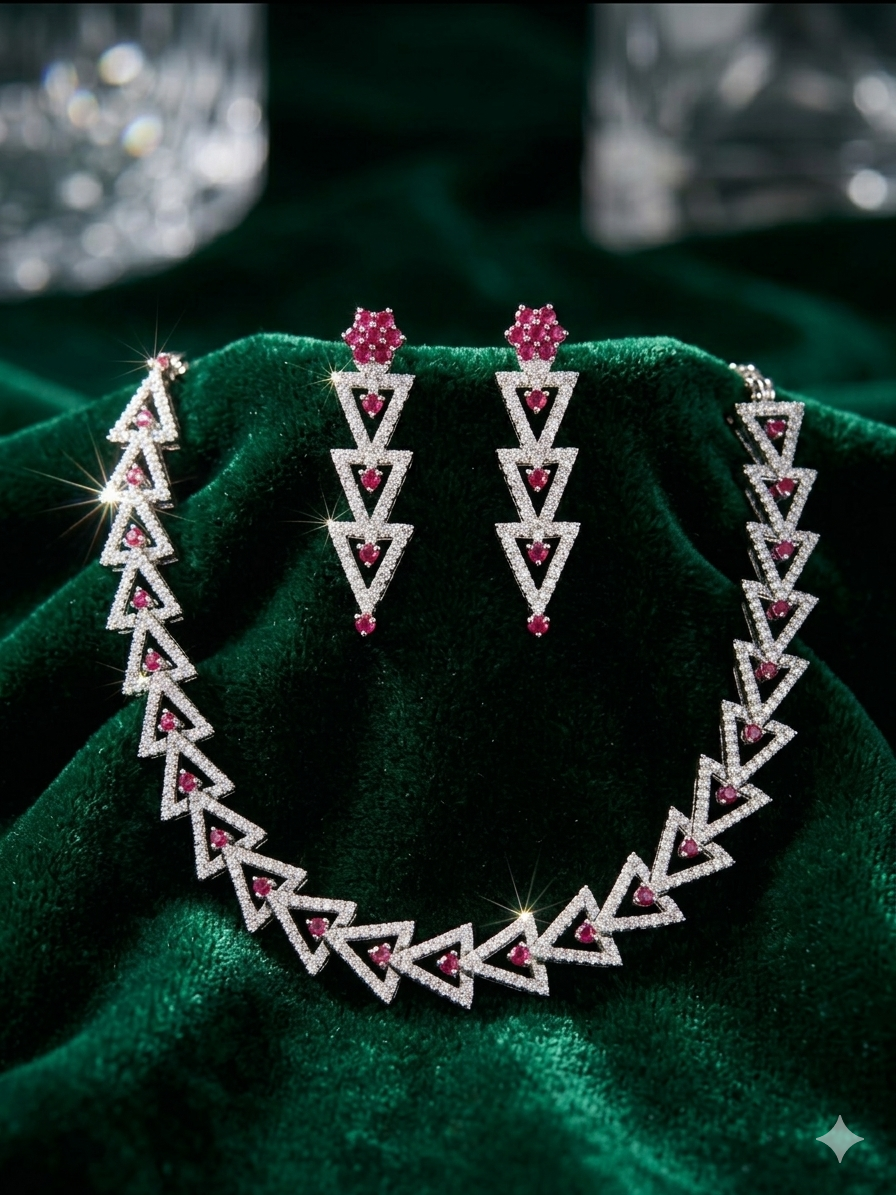 Luxury 1 Carat Ruby & Diamond Triangle Necklace Set with Matching Earrings – Elegant Geometric Bridal Jewelry - Image 3