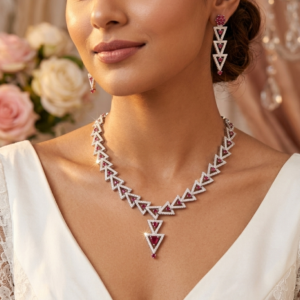 Luxury 1 Carat Ruby & Diamond Triangle Necklace Set with Matching Earrings – Elegant Geometric Bridal Jewelry