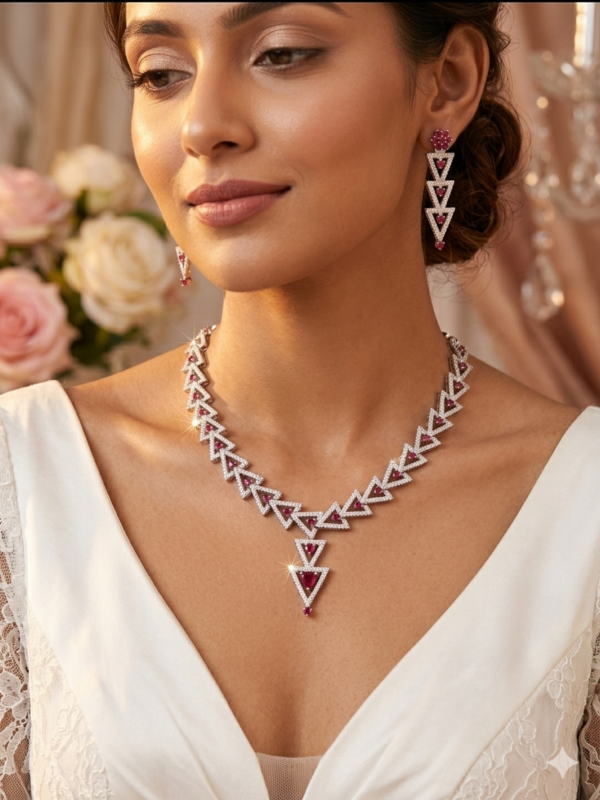 Luxury 1 Carat Ruby & Diamond Triangle Necklace Set with Matching Earrings – Elegant Geometric Bridal Jewelry
