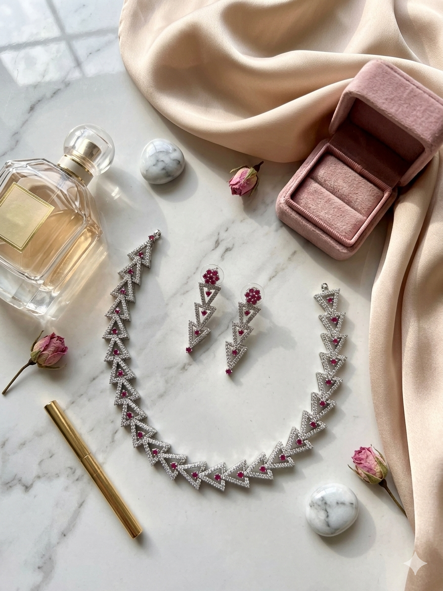 Luxury 1 Carat Ruby & Diamond Triangle Necklace Set with Matching Earrings – Elegant Geometric Bridal Jewelry - Image 5