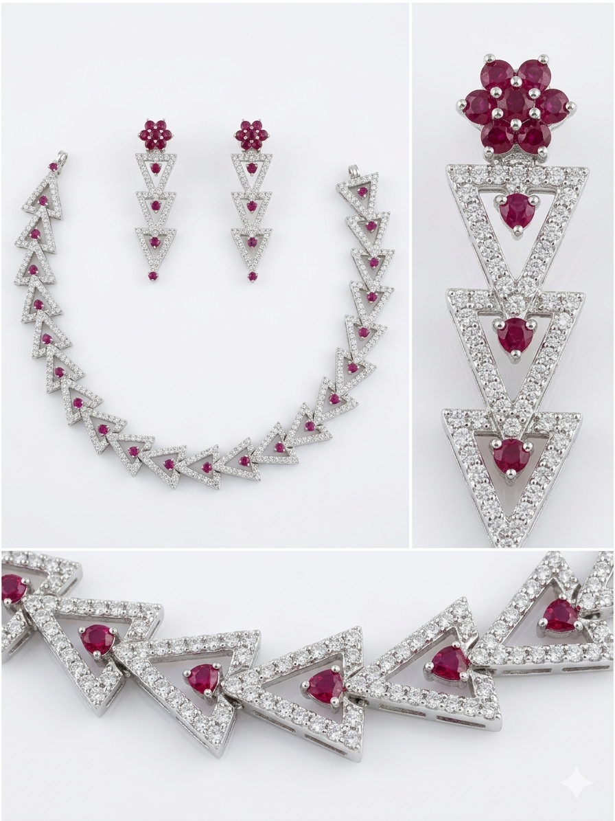 Luxury 1 Carat Ruby & Diamond Triangle Necklace Set with Matching Earrings – Elegant Geometric Bridal Jewelry - Image 4